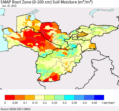 Central Asia SMAP Root Zone (0-100 cm) Soil Moisture (m³/m³) Thematic Map For 1/21/2022 - 1/25/2022