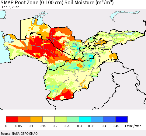 Central Asia SMAP Root Zone (0-100 cm) Soil Moisture (m³/m³) Thematic Map For 2/1/2022 - 2/5/2022