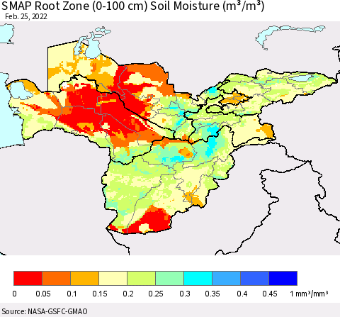 Central Asia SMAP Root Zone (0-100 cm) Soil Moisture (m³/m³) Thematic Map For 2/21/2022 - 2/25/2022