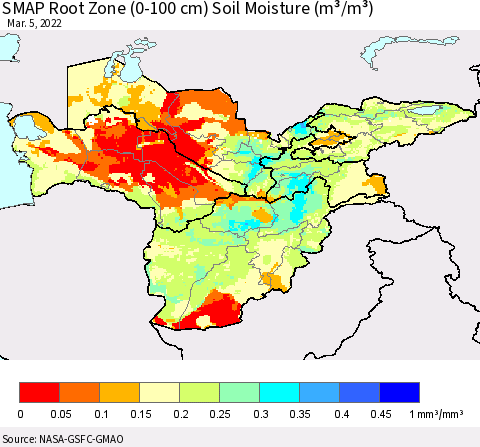 Central Asia SMAP Root Zone (0-100 cm) Soil Moisture (m³/m³) Thematic Map For 3/1/2022 - 3/5/2022