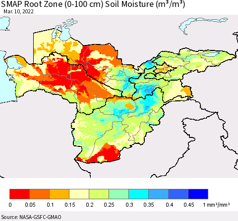 Central Asia SMAP Root Zone (0-100 cm) Soil Moisture (m³/m³) Thematic Map For 3/6/2022 - 3/10/2022
