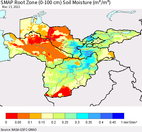 Central Asia SMAP Root Zone (0-100 cm) Soil Moisture (m³/m³) Thematic Map For 3/11/2022 - 3/15/2022