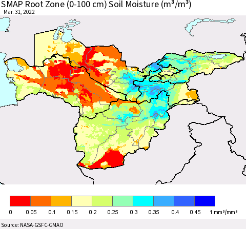 Central Asia SMAP Root Zone (0-100 cm) Soil Moisture (m³/m³) Thematic Map For 3/26/2022 - 3/31/2022