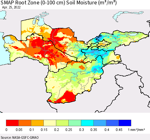 Central Asia SMAP Root Zone (0-100 cm) Soil Moisture (m³/m³) Thematic Map For 4/21/2022 - 4/25/2022