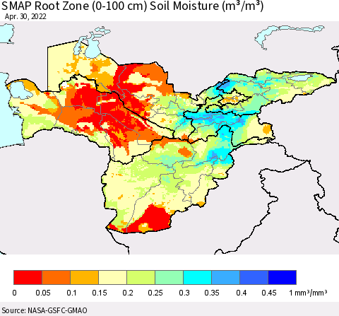 Central Asia SMAP Root Zone (0-100 cm) Soil Moisture (m³/m³) Thematic Map For 4/26/2022 - 4/30/2022
