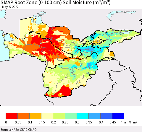 Central Asia SMAP Root Zone (0-100 cm) Soil Moisture (m³/m³) Thematic Map For 5/1/2022 - 5/5/2022