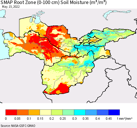 Central Asia SMAP Root Zone (0-100 cm) Soil Moisture (m³/m³) Thematic Map For 5/11/2022 - 5/15/2022