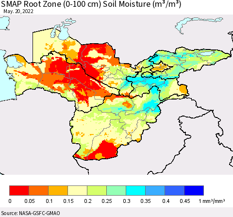 Central Asia SMAP Root Zone (0-100 cm) Soil Moisture (m³/m³) Thematic Map For 5/16/2022 - 5/20/2022