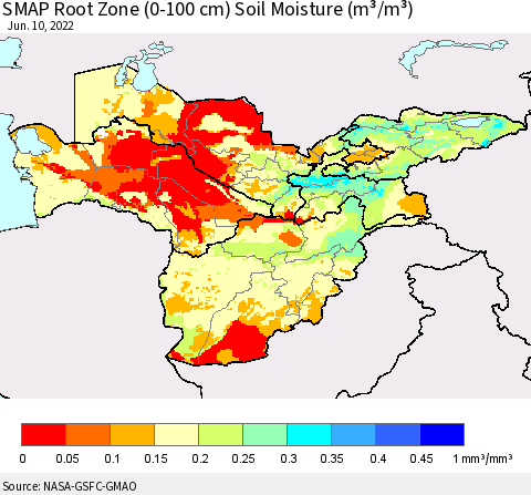 Central Asia SMAP Root Zone (0-100 cm) Soil Moisture (m³/m³) Thematic Map For 6/6/2022 - 6/10/2022