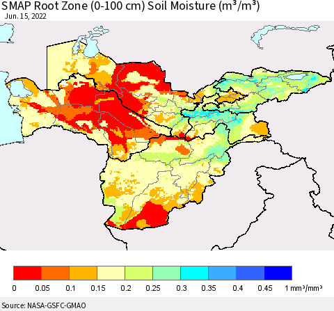 Central Asia SMAP Root Zone (0-100 cm) Soil Moisture (m³/m³) Thematic Map For 6/11/2022 - 6/15/2022