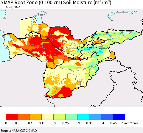 Central Asia SMAP Root Zone (0-100 cm) Soil Moisture (m³/m³) Thematic Map For 6/21/2022 - 6/25/2022