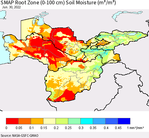 Central Asia SMAP Root Zone (0-100 cm) Soil Moisture (m³/m³) Thematic Map For 6/26/2022 - 6/30/2022