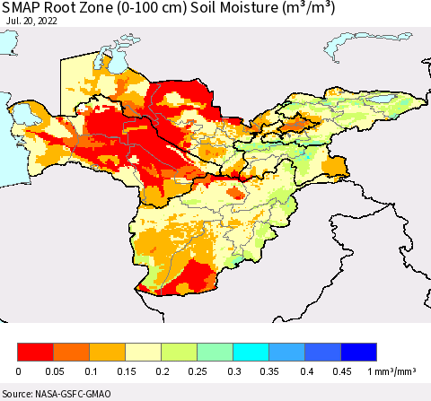 Central Asia SMAP Root Zone (0-100 cm) Soil Moisture (m³/m³) Thematic Map For 7/16/2022 - 7/20/2022