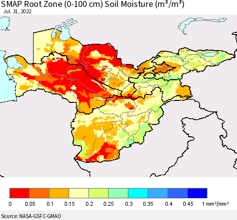 Central Asia SMAP Root Zone (0-100 cm) Soil Moisture (m³/m³) Thematic Map For 7/26/2022 - 7/31/2022