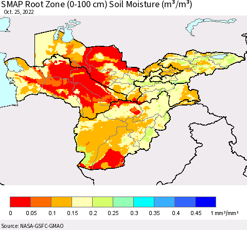 Central Asia SMAP Root Zone (0-100 cm) Soil Moisture (m³/m³) Thematic Map For 10/21/2022 - 10/25/2022