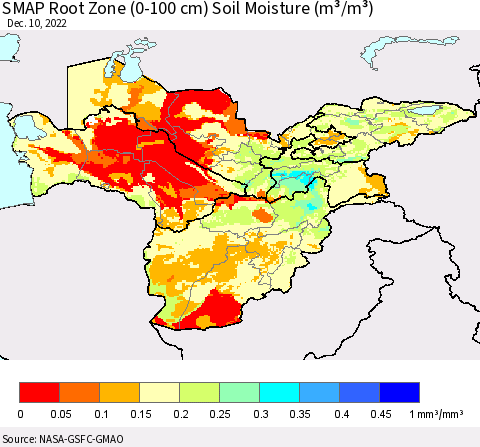 Central Asia SMAP Root Zone (0-100 cm) Soil Moisture (m³/m³) Thematic Map For 12/6/2022 - 12/10/2022