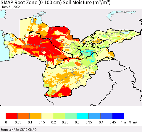 Central Asia SMAP Root Zone (0-100 cm) Soil Moisture (m³/m³) Thematic Map For 12/26/2022 - 12/31/2022