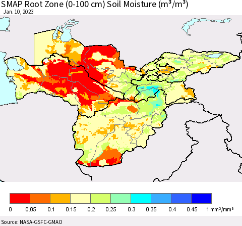Central Asia SMAP Root Zone (0-100 cm) Soil Moisture (m³/m³) Thematic Map For 1/6/2023 - 1/10/2023