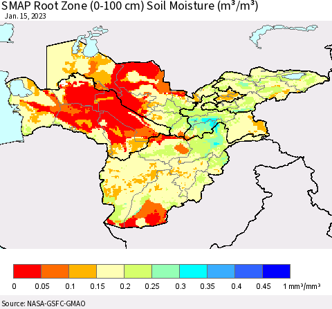 Central Asia SMAP Root Zone (0-100 cm) Soil Moisture (m³/m³) Thematic Map For 1/11/2023 - 1/15/2023
