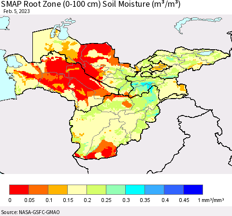 Central Asia SMAP Root Zone (0-100 cm) Soil Moisture (m³/m³) Thematic Map For 2/1/2023 - 2/5/2023
