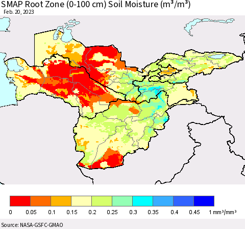Central Asia SMAP Root Zone (0-100 cm) Soil Moisture (m³/m³) Thematic Map For 2/16/2023 - 2/20/2023
