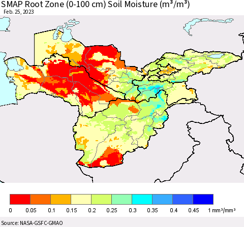 Central Asia SMAP Root Zone (0-100 cm) Soil Moisture (m³/m³) Thematic Map For 2/21/2023 - 2/25/2023