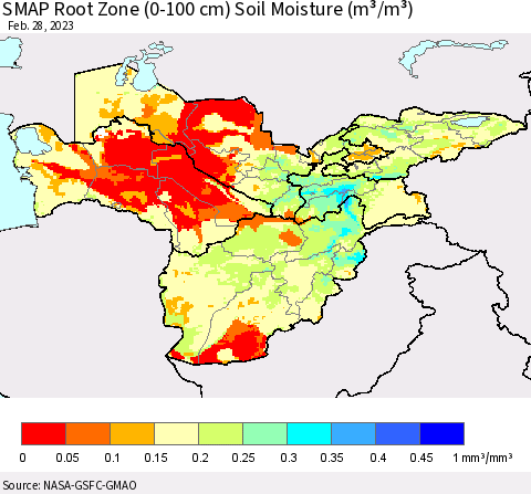 Central Asia SMAP Root Zone (0-100 cm) Soil Moisture (m³/m³) Thematic Map For 2/26/2023 - 2/28/2023