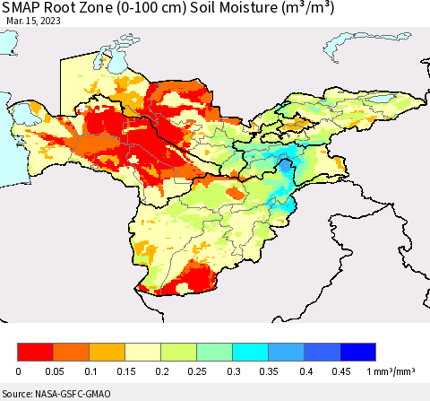 Central Asia SMAP Root Zone (0-100 cm) Soil Moisture (m³/m³) Thematic Map For 3/11/2023 - 3/15/2023
