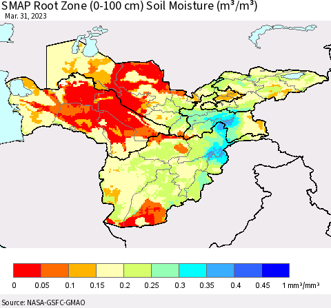 Central Asia SMAP Root Zone (0-100 cm) Soil Moisture (m³/m³) Thematic Map For 3/26/2023 - 3/31/2023