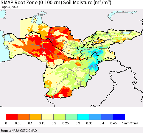 Central Asia SMAP Root Zone (0-100 cm) Soil Moisture (m³/m³) Thematic Map For 4/1/2023 - 4/5/2023