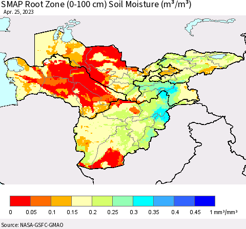 Central Asia SMAP Root Zone (0-100 cm) Soil Moisture (m³/m³) Thematic Map For 4/21/2023 - 4/25/2023