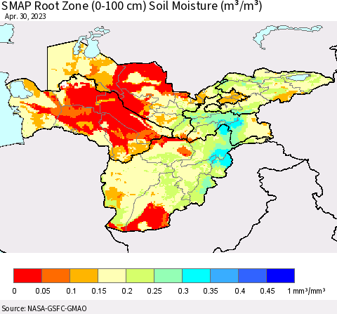 Central Asia SMAP Root Zone (0-100 cm) Soil Moisture (m³/m³) Thematic Map For 4/26/2023 - 4/30/2023