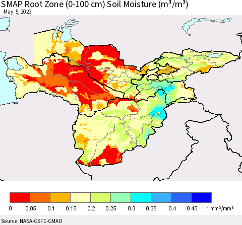Central Asia SMAP Root Zone (0-100 cm) Soil Moisture (m³/m³) Thematic Map For 5/1/2023 - 5/5/2023