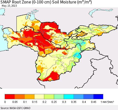 Central Asia SMAP Root Zone (0-100 cm) Soil Moisture (m³/m³) Thematic Map For 5/11/2023 - 5/15/2023