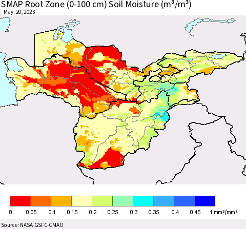Central Asia SMAP Root Zone (0-100 cm) Soil Moisture (m³/m³) Thematic Map For 5/16/2023 - 5/20/2023