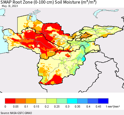 Central Asia SMAP Root Zone (0-100 cm) Soil Moisture (m³/m³) Thematic Map For 5/26/2023 - 5/31/2023