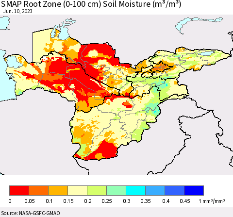 Central Asia SMAP Root Zone (0-100 cm) Soil Moisture (m³/m³) Thematic Map For 6/6/2023 - 6/10/2023