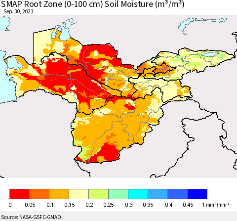 Central Asia SMAP Root Zone (0-100 cm) Soil Moisture (m³/m³) Thematic Map For 9/26/2023 - 9/30/2023