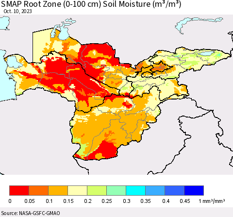 Central Asia SMAP Root Zone (0-100 cm) Soil Moisture (m³/m³) Thematic Map For 10/6/2023 - 10/10/2023