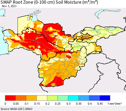 Central Asia SMAP Root Zone (0-100 cm) Soil Moisture (m³/m³) Thematic Map For 11/1/2023 - 11/5/2023