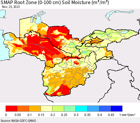Central Asia SMAP Root Zone (0-100 cm) Soil Moisture (m³/m³) Thematic Map For 11/21/2023 - 11/25/2023