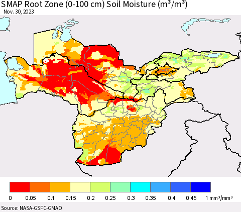 Central Asia SMAP Root Zone (0-100 cm) Soil Moisture (m³/m³) Thematic Map For 11/26/2023 - 11/30/2023