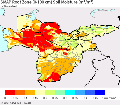 Central Asia SMAP Root Zone (0-100 cm) Soil Moisture (m³/m³) Thematic Map For 12/6/2023 - 12/10/2023