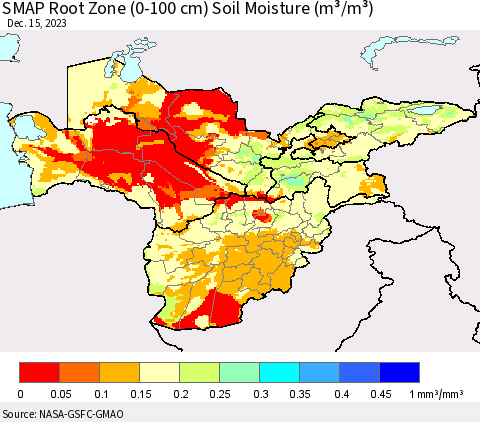 Central Asia SMAP Root Zone (0-100 cm) Soil Moisture (m³/m³) Thematic Map For 12/11/2023 - 12/15/2023