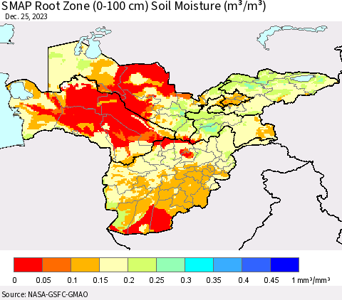 Central Asia SMAP Root Zone (0-100 cm) Soil Moisture (m³/m³) Thematic Map For 12/21/2023 - 12/25/2023