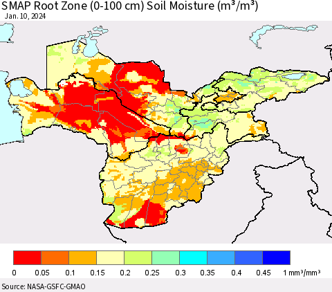 Central Asia SMAP Root Zone (0-100 cm) Soil Moisture (m³/m³) Thematic Map For 1/6/2024 - 1/10/2024