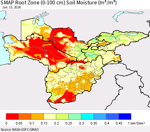 Central Asia SMAP Root Zone (0-100 cm) Soil Moisture (m³/m³) Thematic Map For 1/11/2024 - 1/15/2024