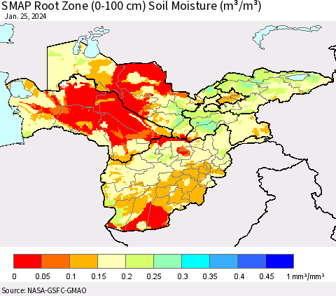 Central Asia SMAP Root Zone (0-100 cm) Soil Moisture (m³/m³) Thematic Map For 1/21/2024 - 1/25/2024