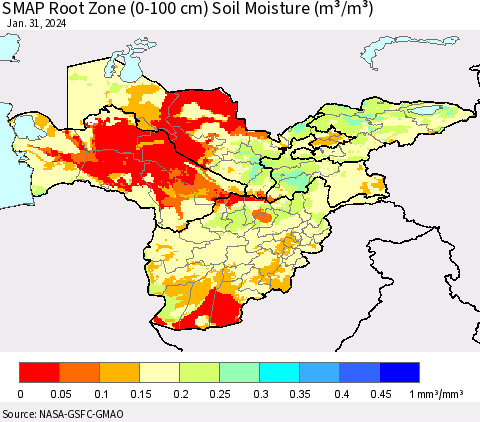 Central Asia SMAP Root Zone (0-100 cm) Soil Moisture (m³/m³) Thematic Map For 1/26/2024 - 1/31/2024