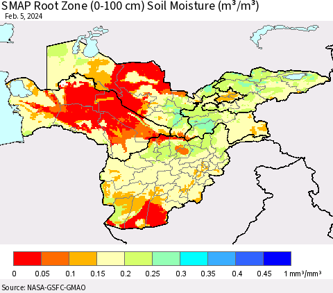 Central Asia SMAP Root Zone (0-100 cm) Soil Moisture (m³/m³) Thematic Map For 2/1/2024 - 2/5/2024